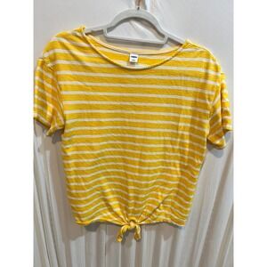 Old Navy Womens Striped Tie Front T Shirt Top Yellow White Casual‎